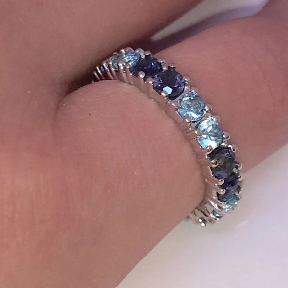 Solid 18K White Gold Eternity Band Ring (not 14K) Purple Blue Natural Gemstones
